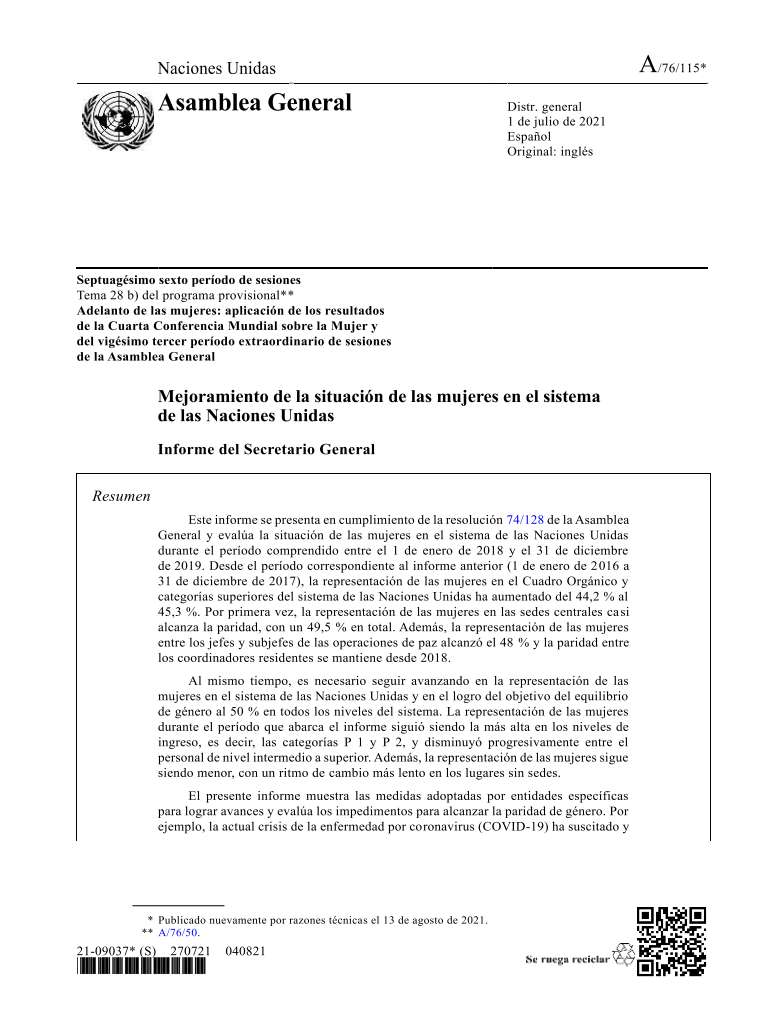 Mejoramiento de la situación de las mujeres en el sistema&nbsp;de las Naciones Unidas:&nbsp;Informe del Secretario General (2021)