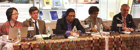 Speaking at the launch event on 28 May, are (from left to right): Victoria Tauli-Corpuz, lead consultant of the report and former chairperson of the UN Permanent Forum on Indigenous Issues (UNFPII); Ambassador Gert Rosenthal, Permanent Representative of Guatemala to the UN; Alvaro Pop, Moderator, children and youth expert of the UNPFII; Geeta Rao Gupta, Deputy Executive Director of UNICEF; and John Hendra, Assistant Secretary-General and Deputy Executive Director of UN Women. Photo credit: UN Women/Nuria Felipe Soria