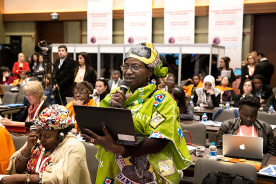 Thirty-five stakeholders who participated in the global meeting made action-oriented pledges to end violence against women. Photo: UN Women/Ventura Formicone