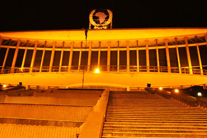 The headquarters of the United Nations Economic Commission for Africa was lit up in orange as part of the “Orange the world” movement as part of the UN Secretary-General’s UNiTE to End Violence against Women campaign. Photo: UN Women/Paula Mata