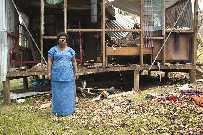 Salote Tubuna outside one of her two small houses in Buka Settlement just outside of Rakiraki. Photo: UN Women/Murray Lloyd