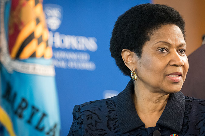 Speaking at a roundtable at the School of Advanced International Studies of the Johns Hopkins University, UN Women Executive Director Phumzile Mlambo-Ngcuka stressed on women’s economic empowerment, by advancing women’s and girl’s digital inclusion, providing second chances in education and employment for girls who had been forced to marry as children, and ensuring that women entrepreneurs benefit from private sector. Photo courtesy of Noel St. John