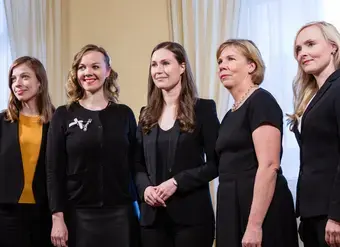 Five women leaders of the Finnish government pose for a group photo