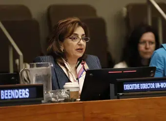 UN Women Executive Director Sima Bahous at the Commission on the Status of Women High-Level Meeting on Violence against Women and Girls (morning session), on 12 March 2026, at UN Headquarters. Photo: UN Women/Ryan Brown.