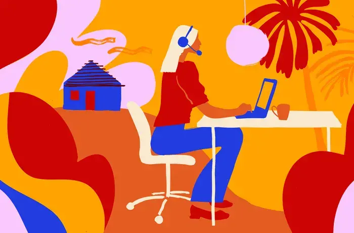 illustration showing a woman working on a computer. 