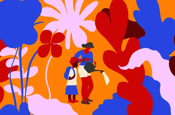 illustration of a mother and child tending a garden. 