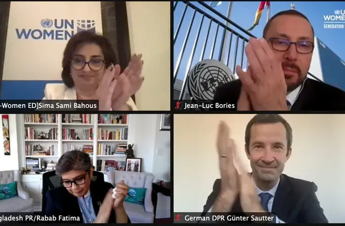 The incoming and outgoing UN Women Executive Board Bureau representatives celebrate the virtual election of the Bureau 2022 on 11 January. 