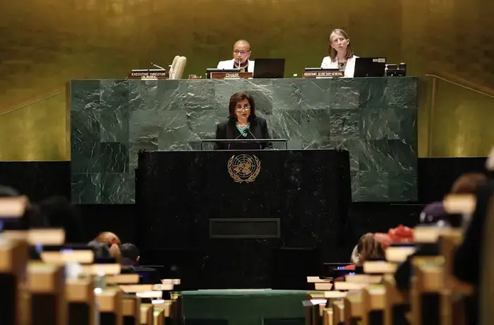 UN Women Executive Director Sima Bahous addresses the opening of the 66th Session on the Commission on the Status of Women in New York. Photo: UN Women/Ryan Brown