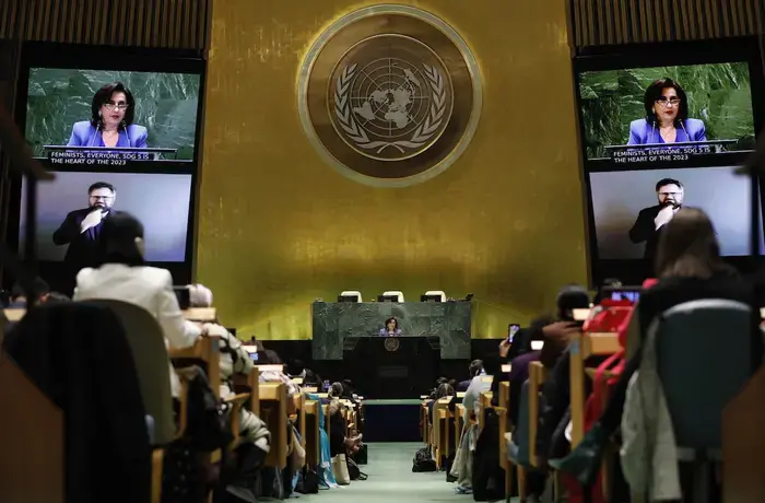 Ms. Sima Bahous, UN Under-Secretary-General and Executive Director of UN Women, delivers remarks at the UN Commemoration of International Women’s Day, 8 March 2023. Photo: UN Women/Ryan Brown