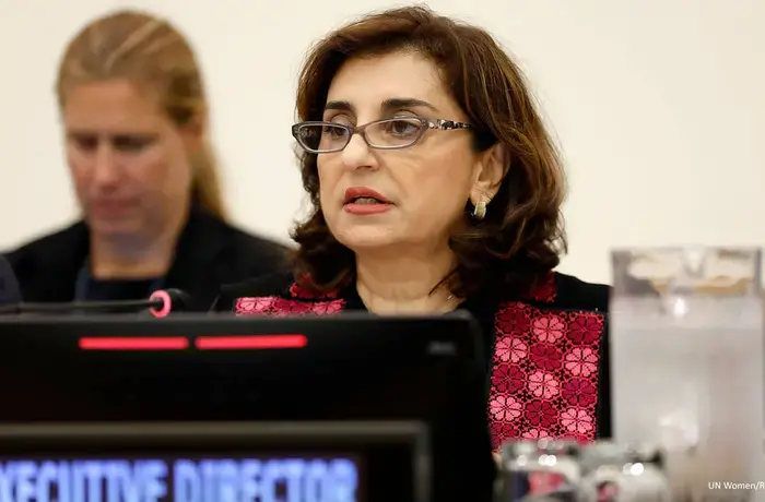 UN Women Executive Director Sima Bahous delivers the opening statement to the second regular session of the UN Women Executive Board, held in UN Headquarters, 12 September 2023. Photo: UN Women/Ryan Brown.