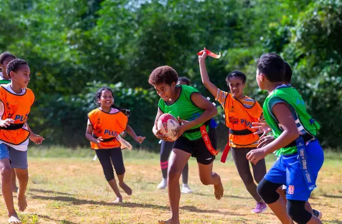 Girls are seen participating in the Get into Rugby PLUS programme in Fiji.