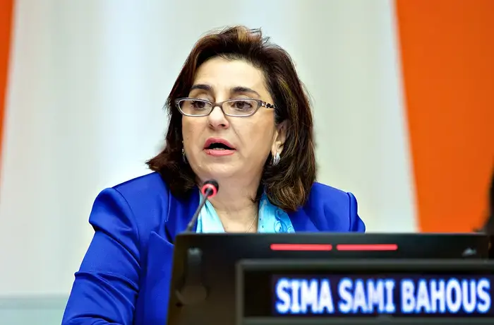 UN Women Executive Director Sima Bahous delivers remarks at the the official commemoration of the International Day of Care and Support held at United Nations Headquarters on 29 October 2024. 