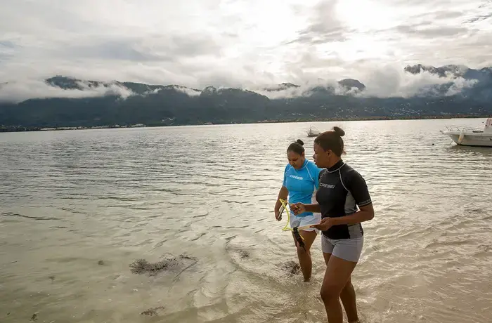 Sylvanna Antat, Marine Research Officer with the Seychelles National Parks Authority, plays a leading role in mapping coral reefs in the waters around Mahe Island in Seychelles.