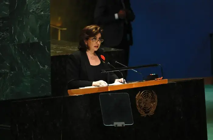 UN Women Executive Director Sima Bahous delivers remarks at the high-level meeting to mark the 25th anniversary of the International Day for the Elimination of Violence against Women, UN Headquarters, 25 November 2024. Photo: UN Women/Ryan Brown.