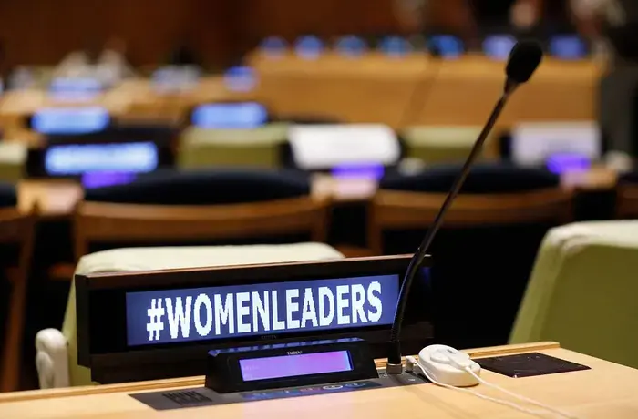 A view of a digital sign that reads: Women leaders, displayed at UNGA79