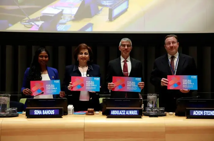 Global leaders and experts convene at the “For ALL Women and Girls: The Beijing+30 Action Agenda” event during CSW69 to discuss the six key actions to make faster strides towards gender equality. Photo: UN Women/Ryan Brown