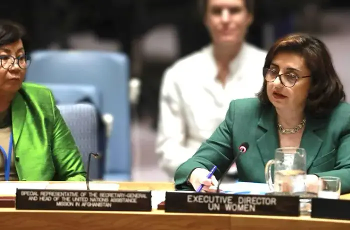 UN Under-Secretary-General and UN Women Executive Director Sima Bahous briefs the Security Council during a meeting on the situation in Afghanistan held at UN headquarters on 23 June 2025. Photo: UN Women.