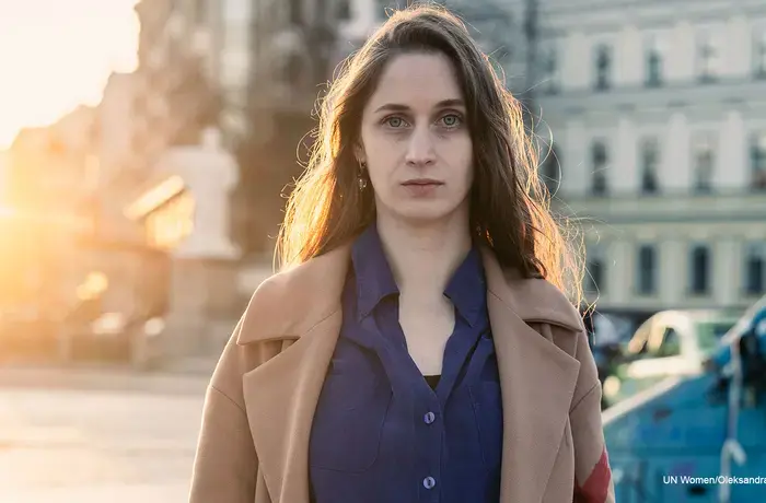 Daria Zymenko, a member of CSO SEMA Ukraine, a network of women survivors of conflict-related sexual violence at Mykhailivska square downtown Kyiv, Ukraine.