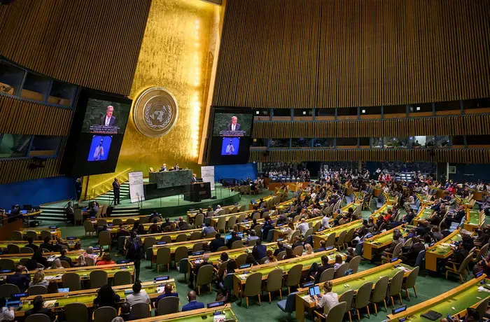 A wide view of the UN General Assembly Hall during HLPF