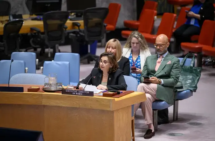 UN Women Executive Director Sima Bahous delivers address at the UN Security Council Briefing, 7 August 2025, UN Security Council, UN headquarters. Photo: UN Photo / Loey Felipe.