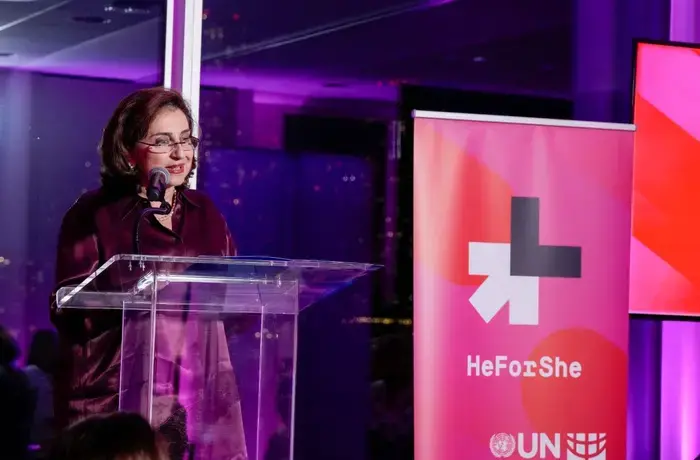 Sima Bahous speaks at a podium