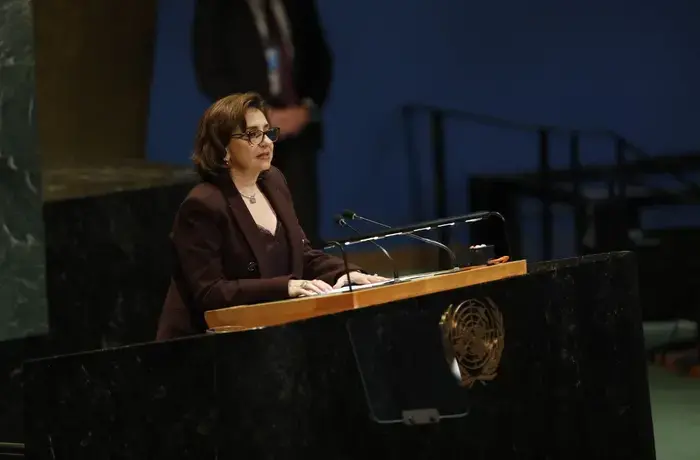 UN Under-Secretary General and UN Women Executive Director Sima Bahous delivers remarks at the High-level meeting of the UN General Assembly on the 30th anniversary of the Fourth World Conference on Women, UN headquarters, 22 September 2025. Photo: UN Women/Ryan Brown.