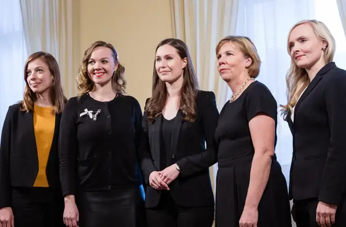 Five women leaders of the Finnish government pose for a group photo