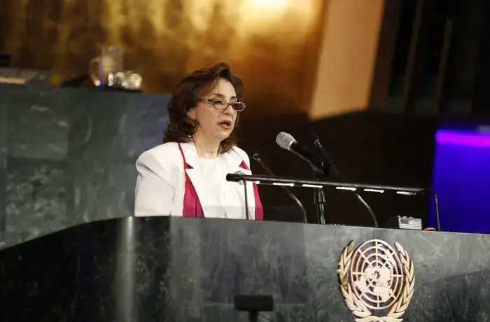 UN Under-Secretary-General and UN Women Executive Director Sima Bahous delivers remarks at the 2026 commemoration of International Women’s Day, 9 March 2026, UN headquarters. Photo: UN Women/Ryan Brown.