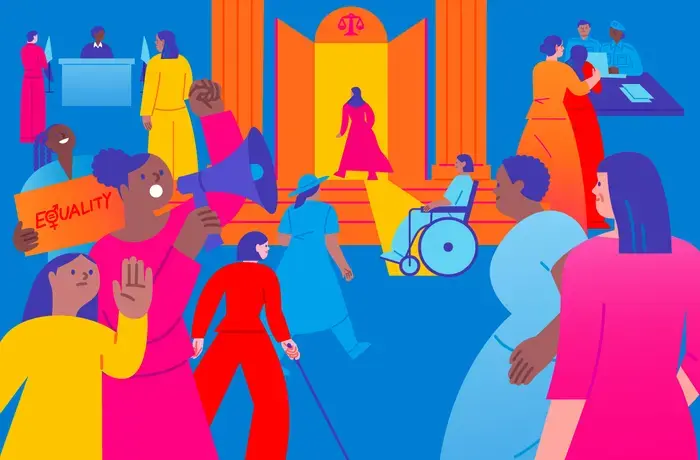 Colourful illustration of diverse women protesting in front of a classical-style building with columns. A woman speaks into a megaphone, another holds a sign reading “Equality” with a gender symbol, and another raises her fist. A scale symbol appears above the entrance as one woman walks up the steps. The group includes women of different ages and abilities, including a woman using a wheelchair and another using a cane, while others speak with uniformed officials at a desk.