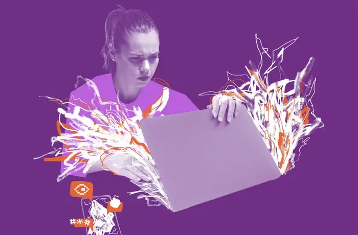 Collage with photo and illustration. A young woman with a serious expression opens a laptop. From inside it, aggressive, broken lines come off the device. By her side, there's a smartphone with the same white and orange lines on its screen. Pop-ups of messages suggest she's receiving violent texts.