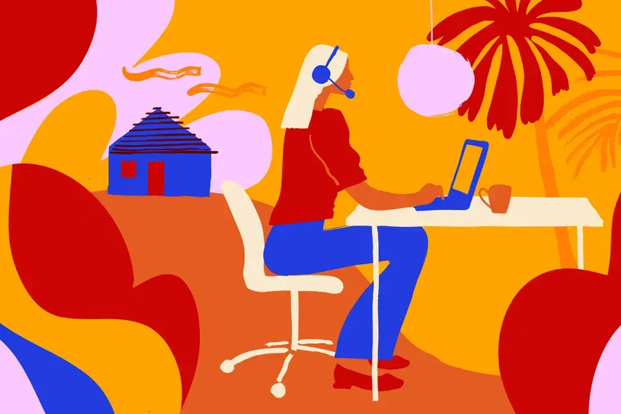 illustration showing a woman working on a computer. 