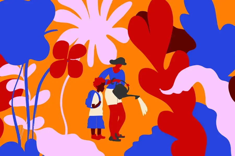 illustration of a mother and child tending a garden. 