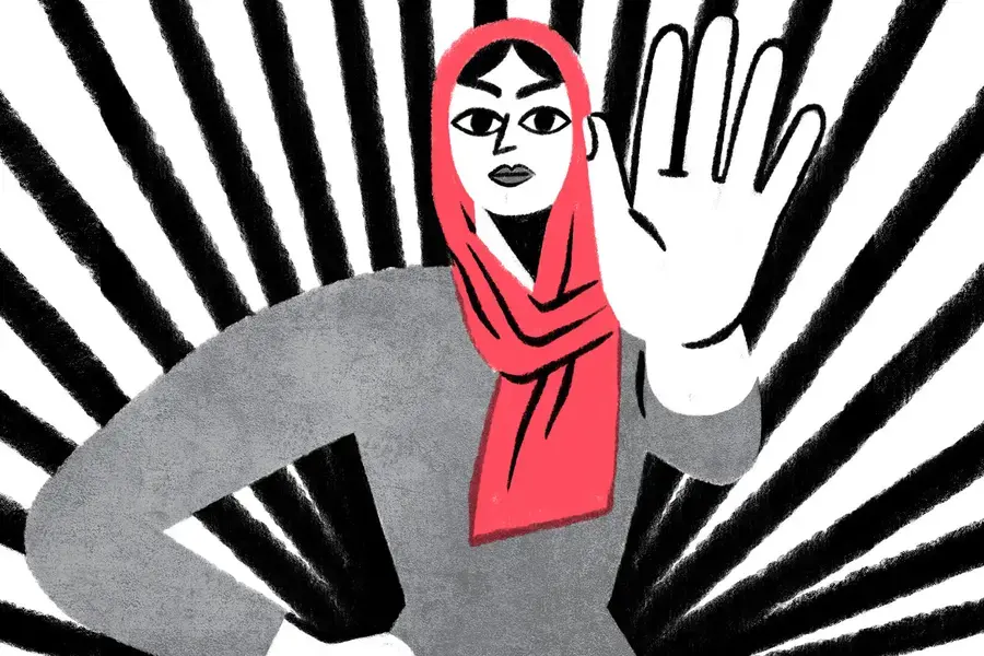 Illustration depicting Afghan woman with her hand up in a "stop" position. Illustrator: Anina Takeff.