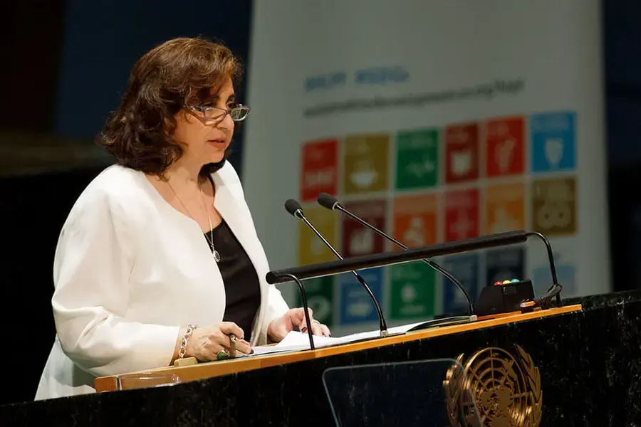 UN Women Executive Director Sima Bahous addresses the opening of the ministerial meeting of the 2022 session of the High-Level Political Forum on Sustainable Development convened under the auspices of the UN Economic and Social Council, held in the General Assembly Hall at UN Headquarters in New York on 13 July 2022. Photo: UN Women/Ryan Brown