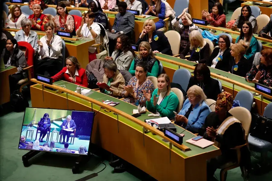 A scene from the CSW67 Townhall Meeting of Civil Society and United Nations Secretary-General António Guterres. The annual consultation, moderated by UN Women’s Executive Director Sima Bahous, is an opportunity for civil society to engage with the Secretary-General on topics pertaining to gender equality and the work of the UN. Photo: UN Women/Ryan Brown
