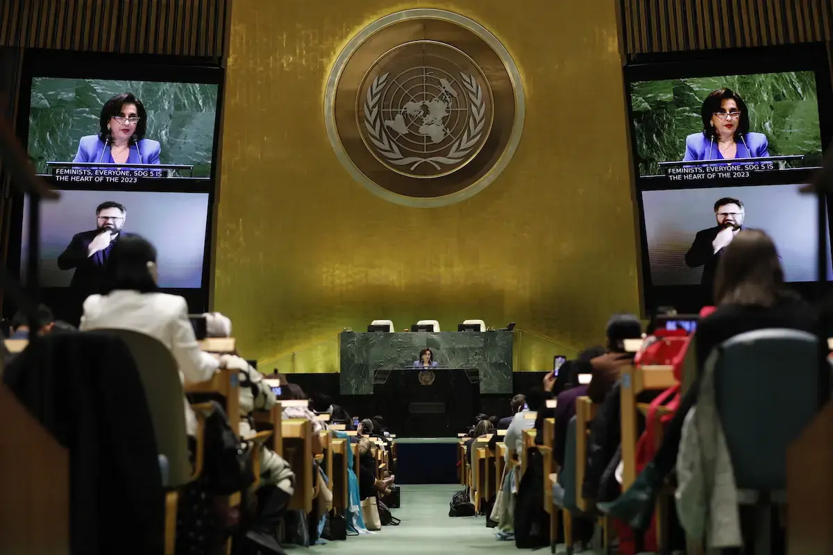 Ms. Sima Bahous, UN Under-Secretary-General and Executive Director of UN Women, delivers remarks at the UN Commemoration of International Women’s Day, 8 March 2023. Photo: UN Women/Ryan Brown