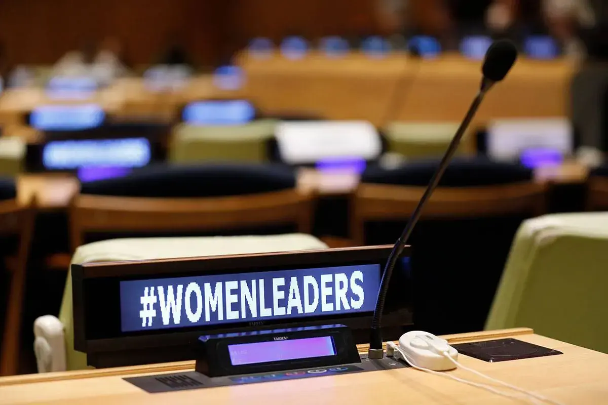 A view of a digital sign that reads: Women leaders, displayed at UNGA79