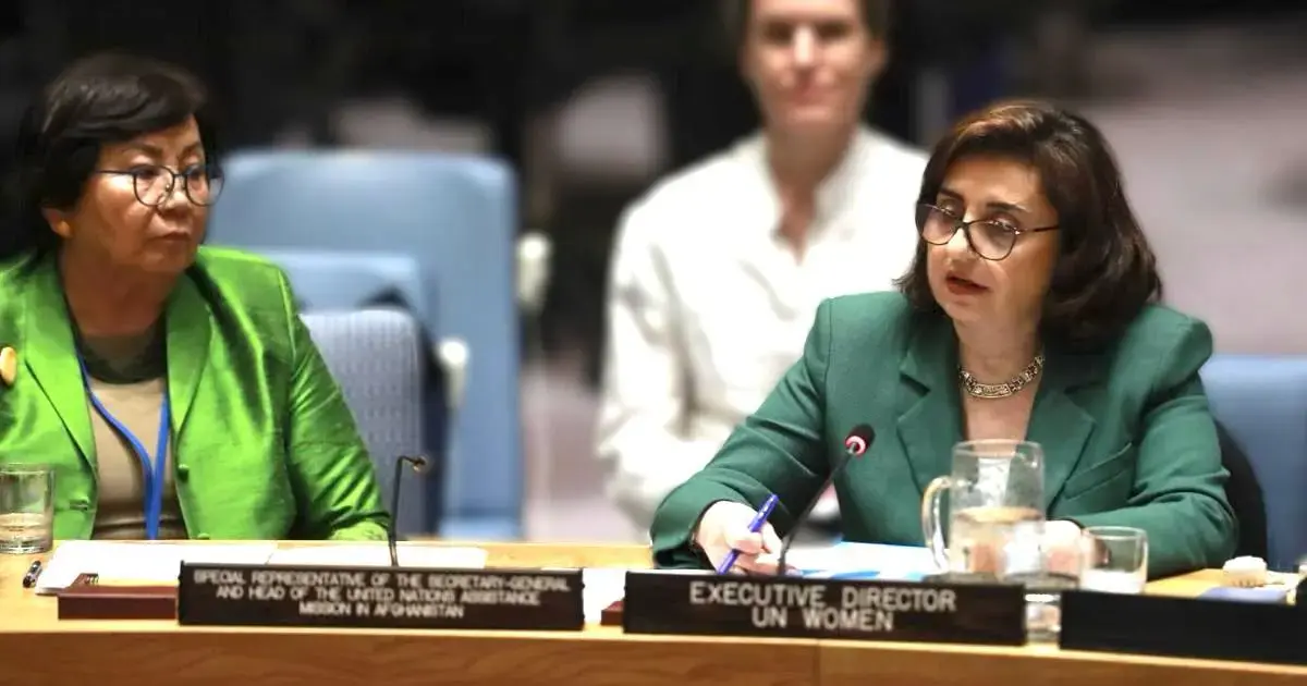 UN Under-Secretary-General and UN Women Executive Director Sima Bahous briefs the Security Council during a meeting on the situation in Afghanistan held at UN headquarters on 23 June 2025. Photo: UN Women.