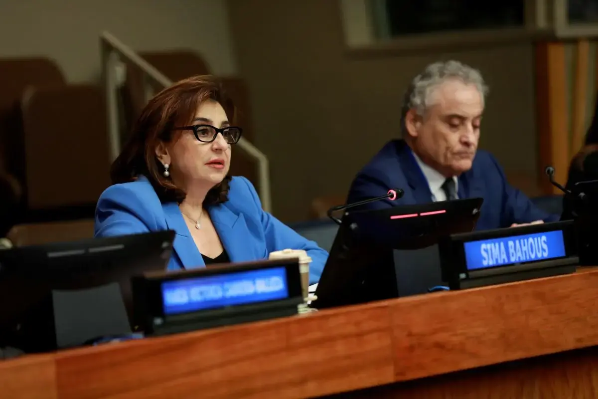 A woman in a blue blazer speaks at a microphone at UN headquarters