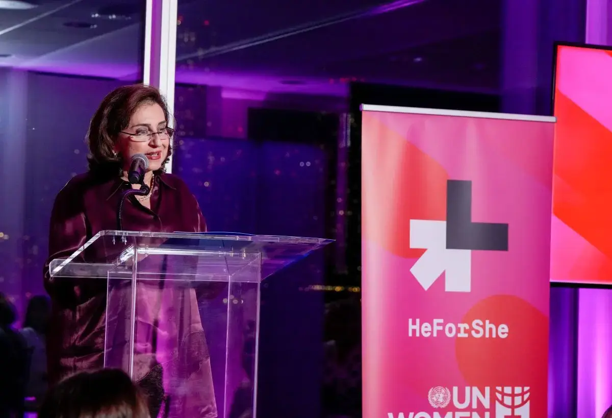 Sima Bahous speaks at a podium
