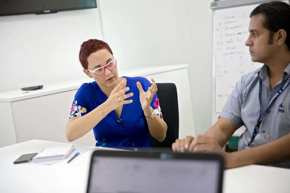 Isabella Houareau, leads a staff meeting at the SOCOMEP. Her company provides services for the Seychelles’ largest industry – industrial tuna fishing. Port of Victoria, Seychelles, January, 2017. Photo: UN Women/Ryan Brown.