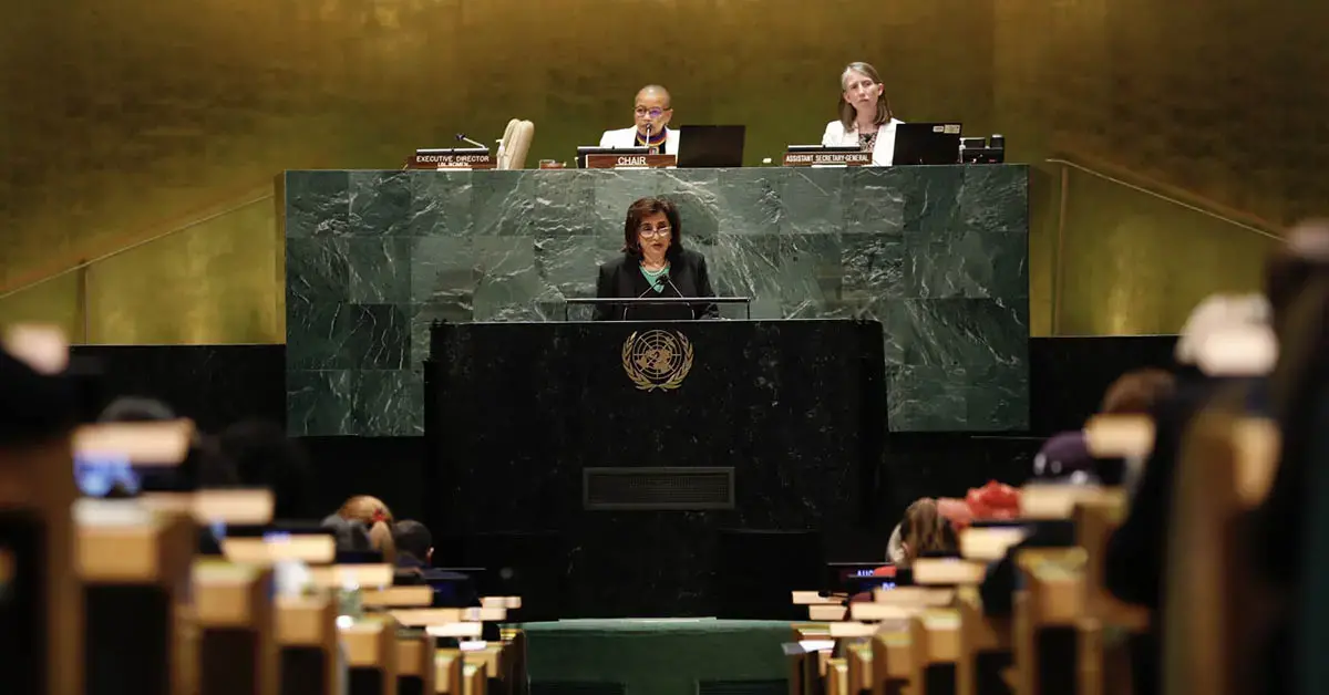 UN Women Executive Director Sima Bahous addresses the opening of the 66th Session on the Commission on the Status of Women in New York. Photo: UN Women/Ryan Brown