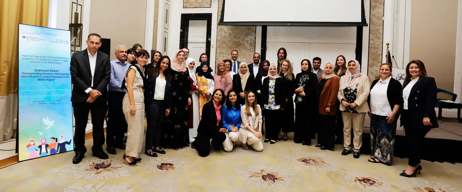 Participants at the UN Women-organized outreach event “Strengthening Women’s Participation and Influence in Peace Processes in the MENA Region,” held on 29 June 2022, in Amman, Jordan. Photo: UN Women/Alaa .I Atawneh 