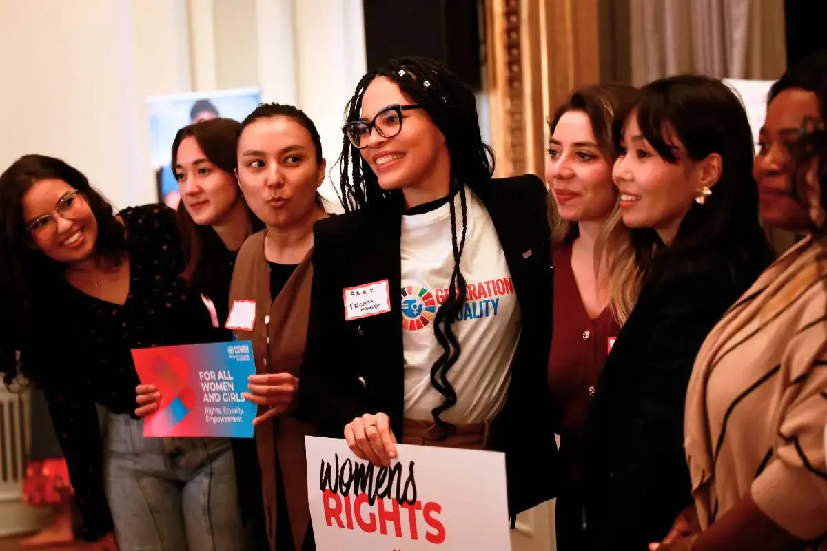 Anne Heloise Barbosa (centre) 27, a gender equality and climate activist from Brazil, at the CSW69 Youth Forum in New York, March, 2025. Photo: UN Women/Ryan Brown