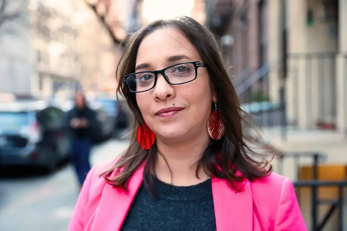 Rabeb Aloui, a Tunisian climate advocate and feminist, and member of FEMNET, at the CSW69 Youth Forum in New York, March, 2025. Photo: UN Women/Ryan Brown