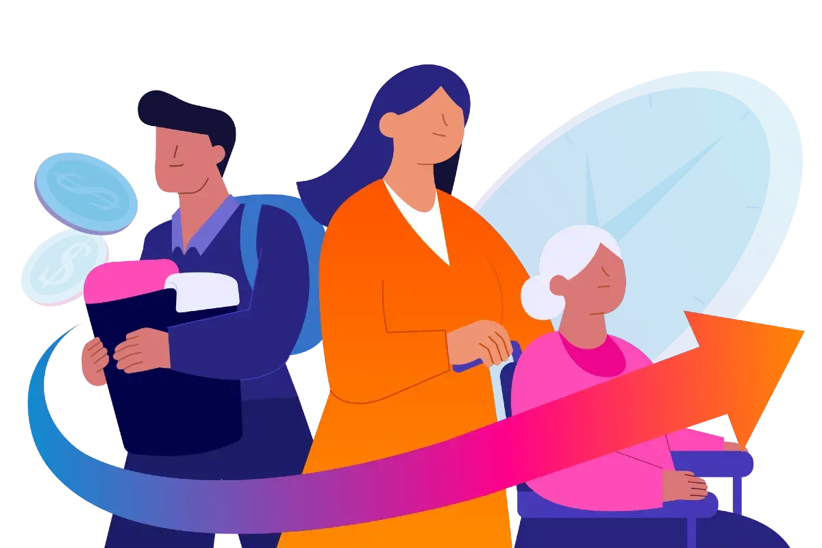 Illustration depicting men and women doing unpaid care work tasks