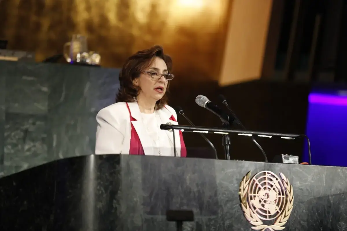 UN Under-Secretary-General and UN Women Executive Director Sima Bahous delivers remarks at the 2026 commemoration of International Women’s Day, 9 March 2026, UN headquarters. Photo: UN Women/Ryan Brown.