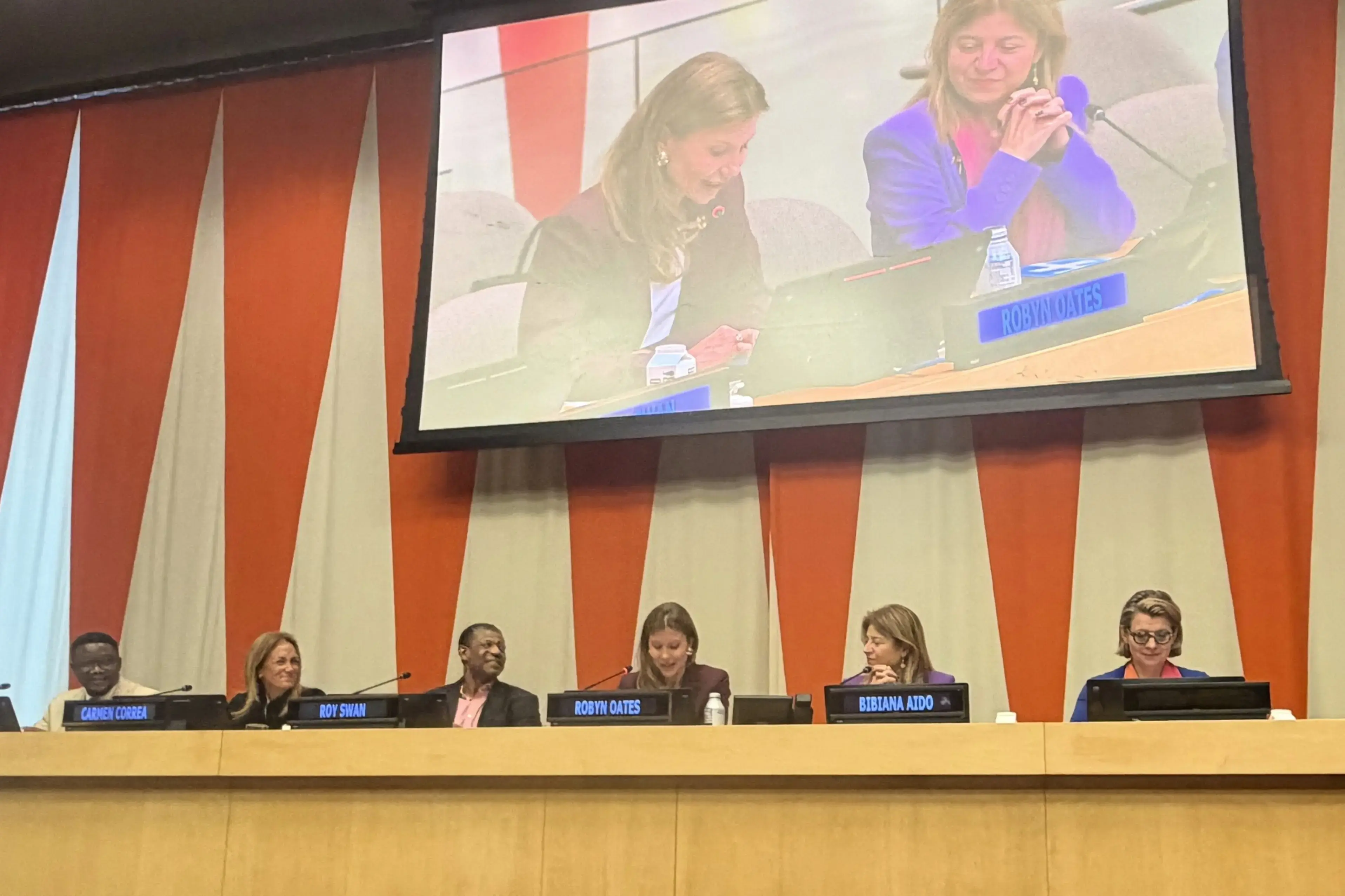Panelists speak at an event in UN headquarters